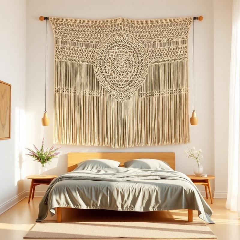 Painel decorativo de macramê sobre a cabeceira da cama